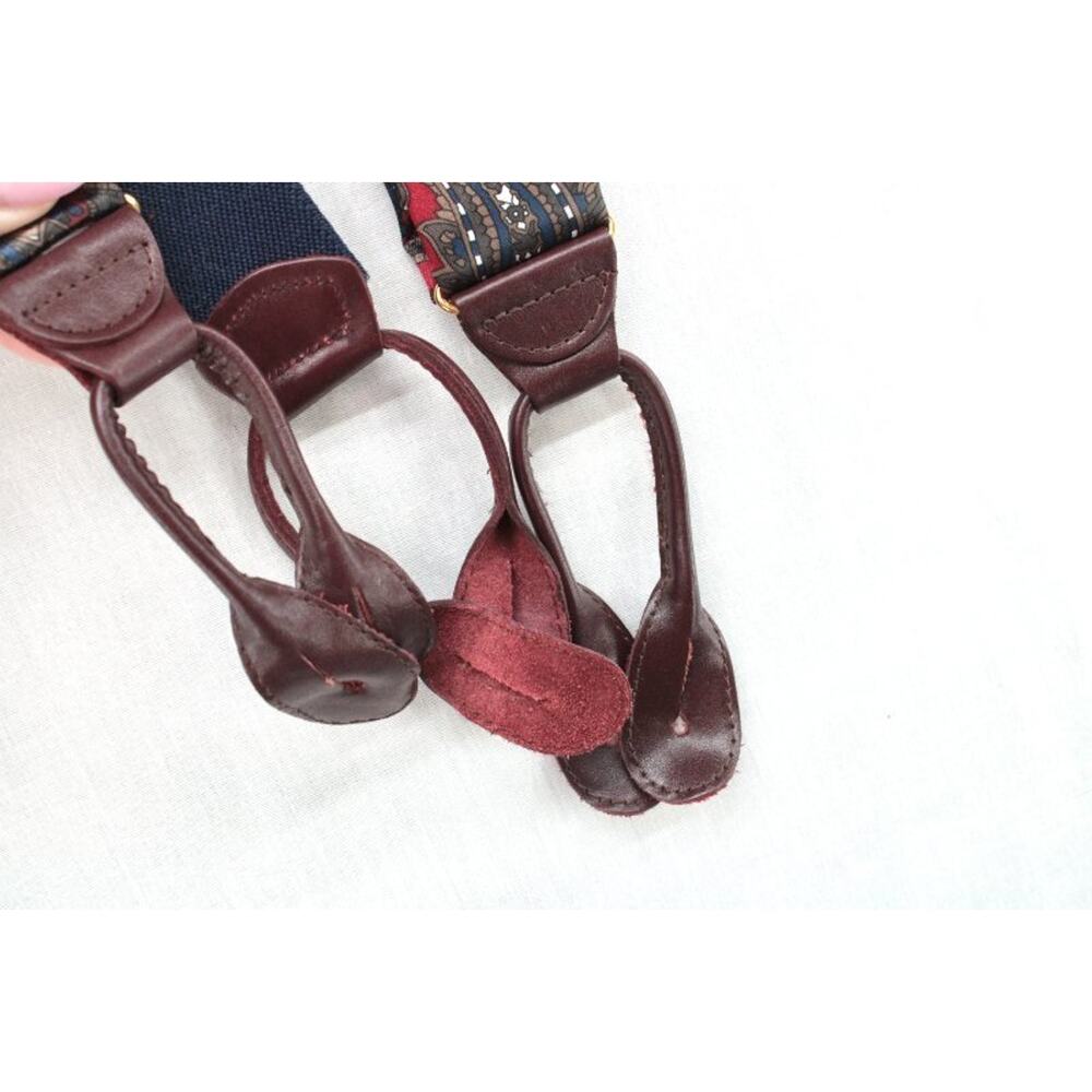 Vintage CAS Germany Suspenders Silk Burgundy Blue Paisley Gold Tone Hardware - Picture 3 of 5